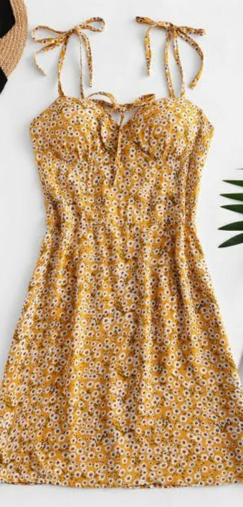 ZAFUL DITSY PRINT TIE SHOULDER BOWKNOT MINI DRESS